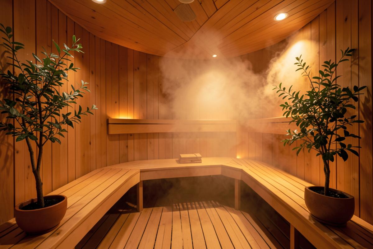 Cedar sauna interior with wooden benches and warm steam