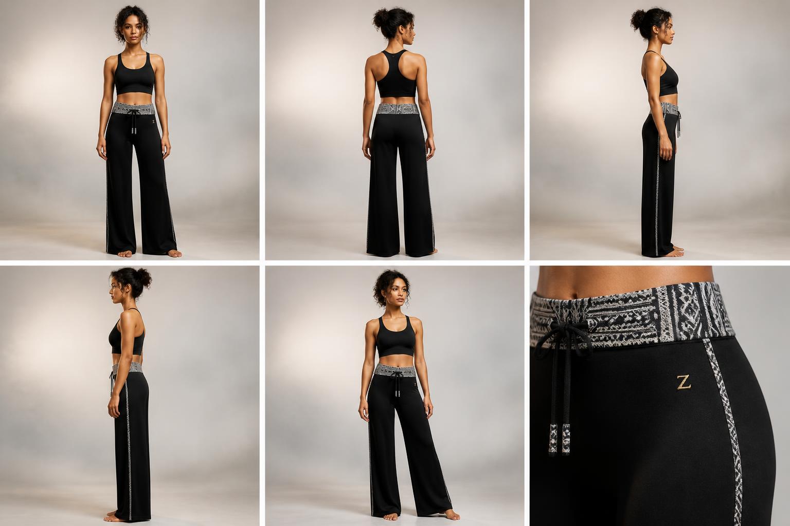 Serene Command Yoga Trouser — Women — House · Global Heritage Fusion seven-view specification plate; showing 01 Front, 02 Left, 03 Right, 04 Back, 05 Interior, 06 Inner tags, 07 Fabric detail. — 01 Front, Noir / Slate Bogolan