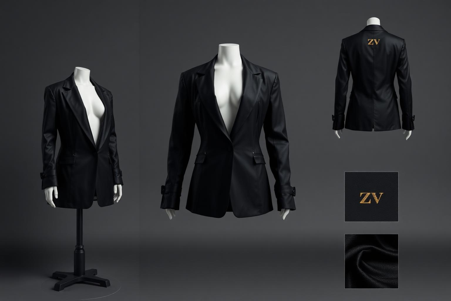 Bazin Riche Cuff Blazer — Women — Women · Atelier Futur seven-view specification plate; showing 01 Front, 02 Left, 03 Right, 04 Back, 05 Interior, 06 Inner tags, 07 Fabric detail. — 01 Front, Obsidian Black