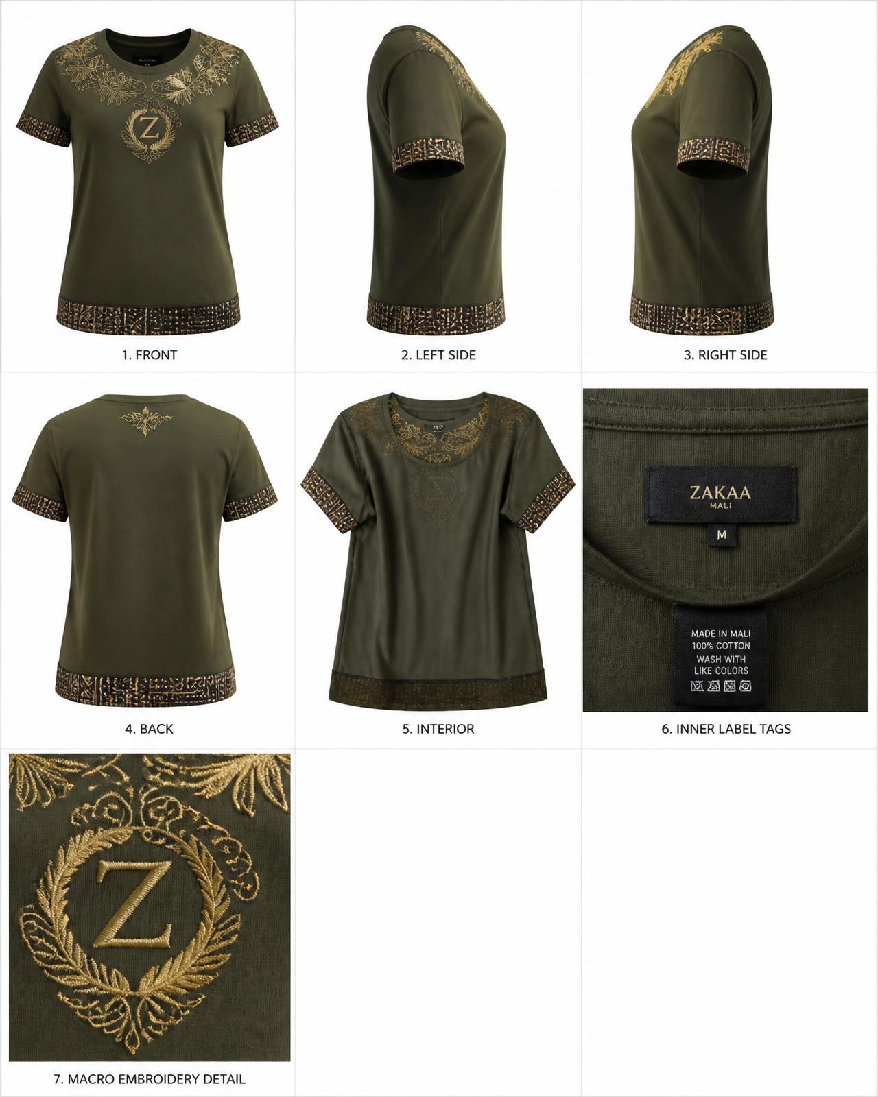 Bogolan mudcloth Embroidered Crest Tee — Women — Women · Bogolan mudcloth Trim seven-view specification plate; showing 01 Front, 02 Left, 03 Right, 04 Back, 05 Interior, 06 Inner tags, 07 Fabric detail. — 01 Front, Olive Vine