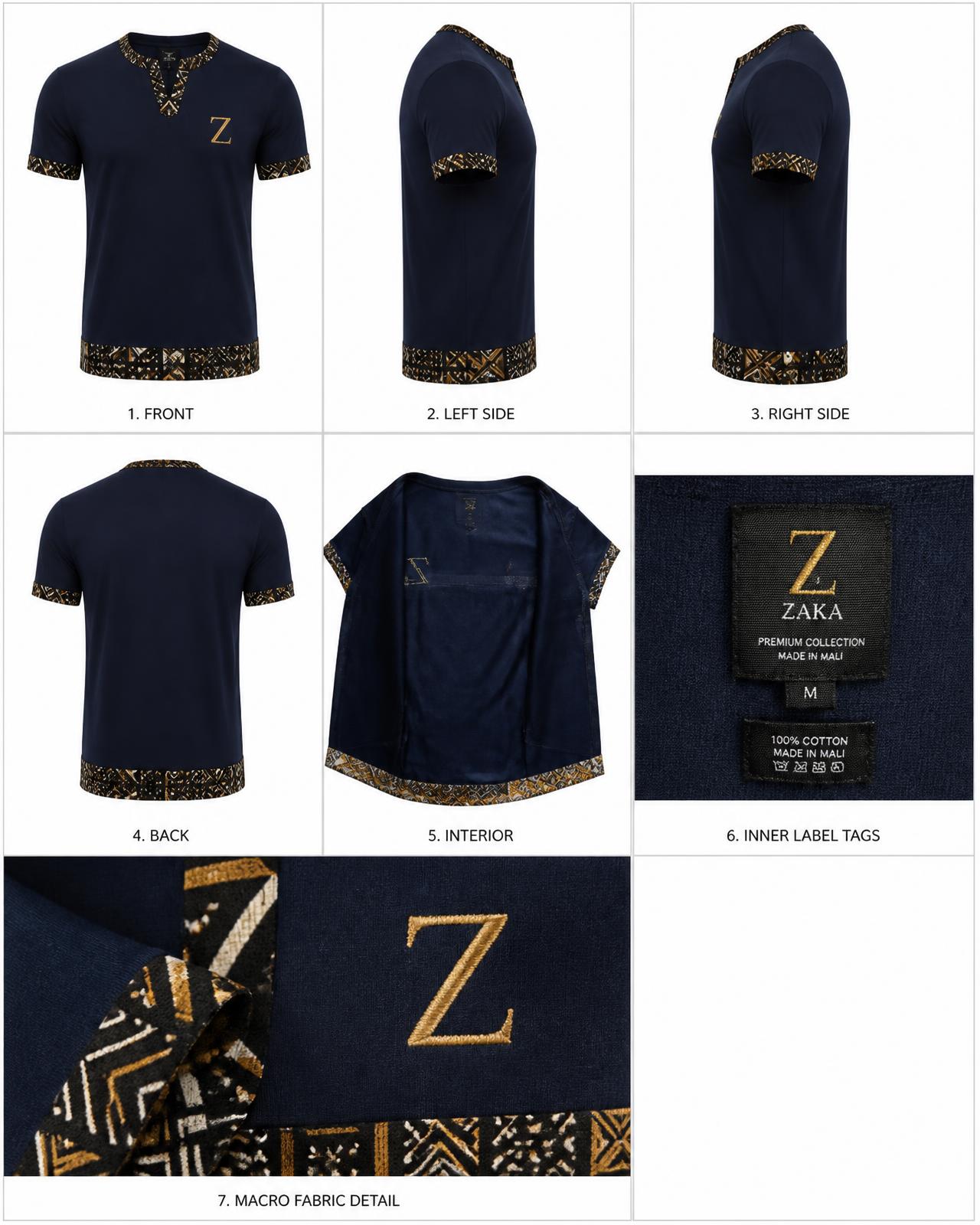 Bogolan mudcloth M-Neck Tee — Men — Men · Bogolan mudcloth Trim seven-view specification plate; showing 01 Front, 02 Left, 03 Right, 04 Back, 05 Interior, 06 Inner tags, 07 Fabric detail. — 01 Front, Midnight Navy
