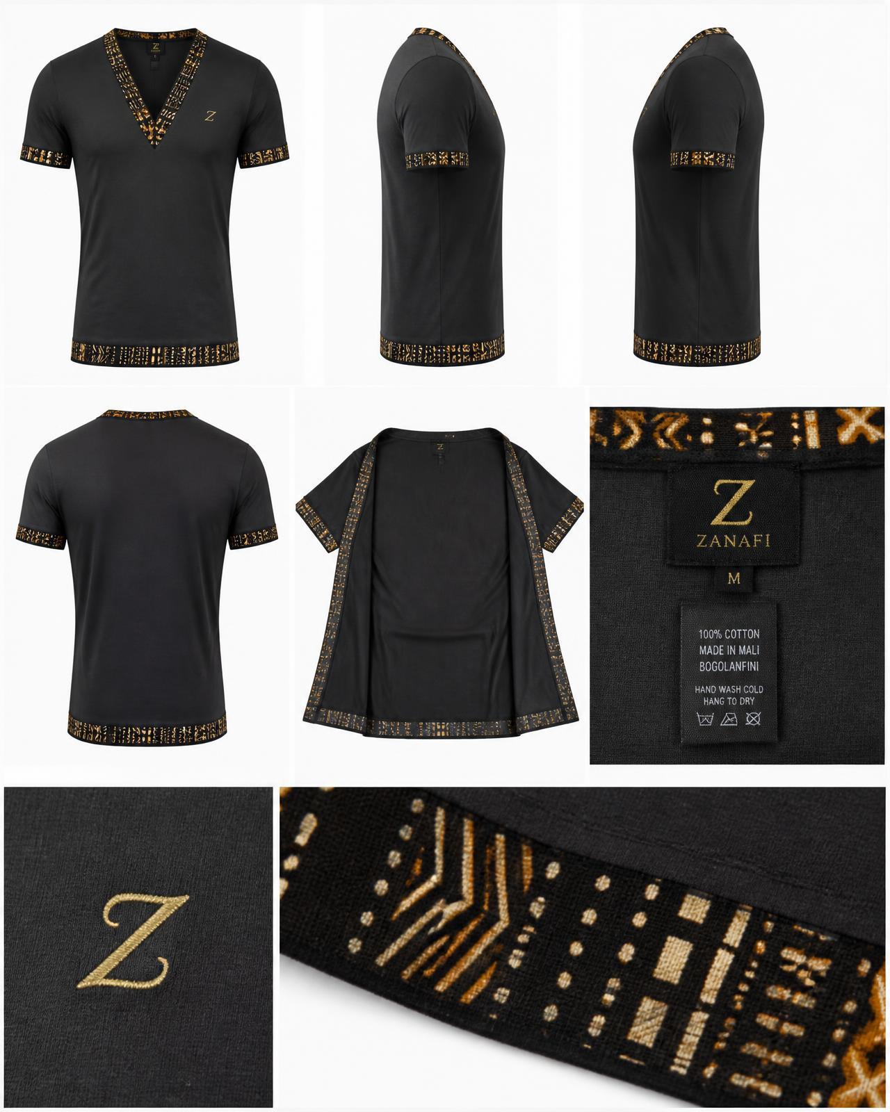 Bogolan mudcloth V-Neck Tee — Combed cotton jersey with hand-printed Bogolan mudcloth binding