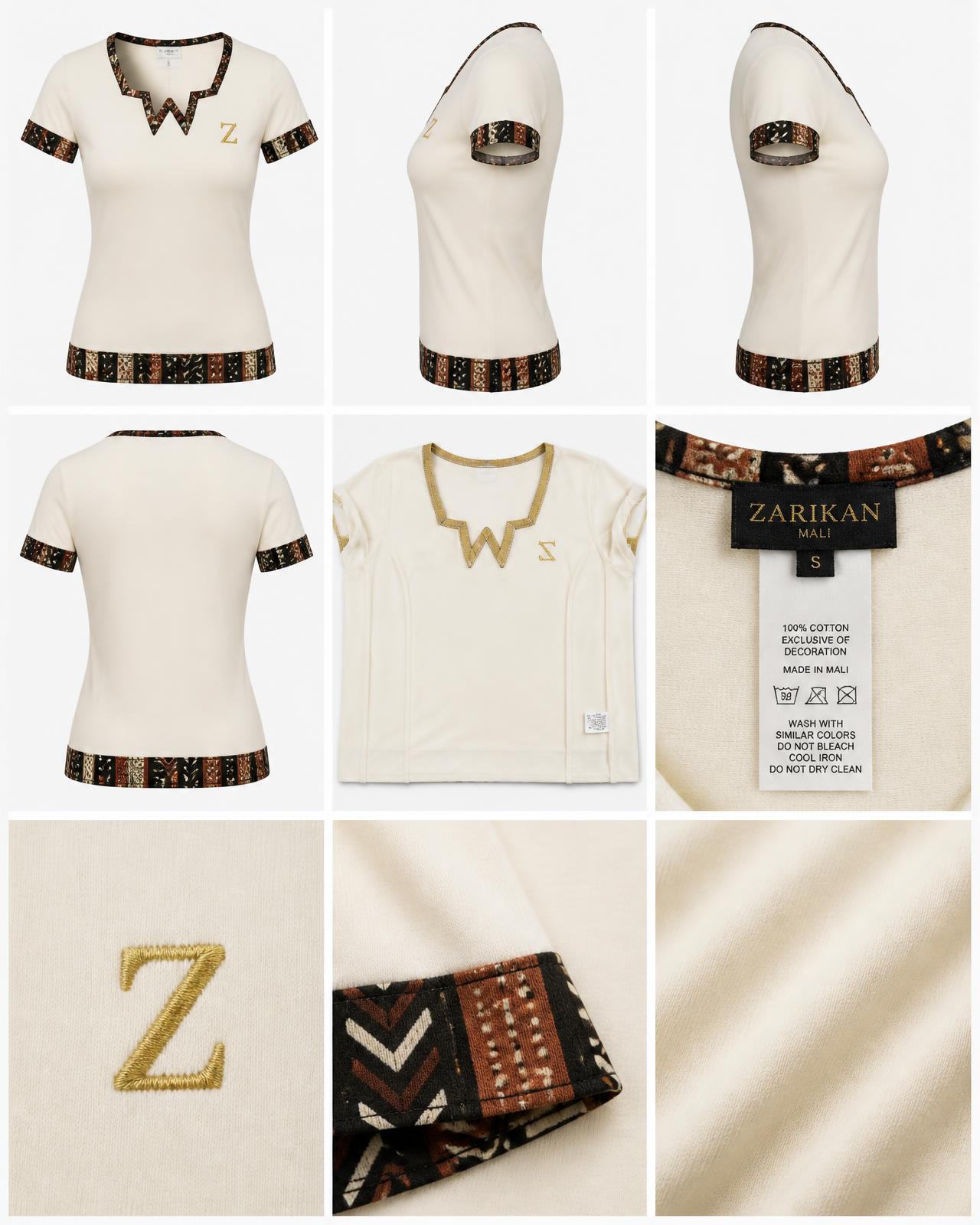 Bogolan mudcloth W-Neck Tee — Women — Women · Bogolan mudcloth Trim seven-view specification plate; showing 01 Front, 02 Left, 03 Right, 04 Back, 05 Interior, 06 Inner tags, 07 Fabric detail. — 01 Front, Ivory Light