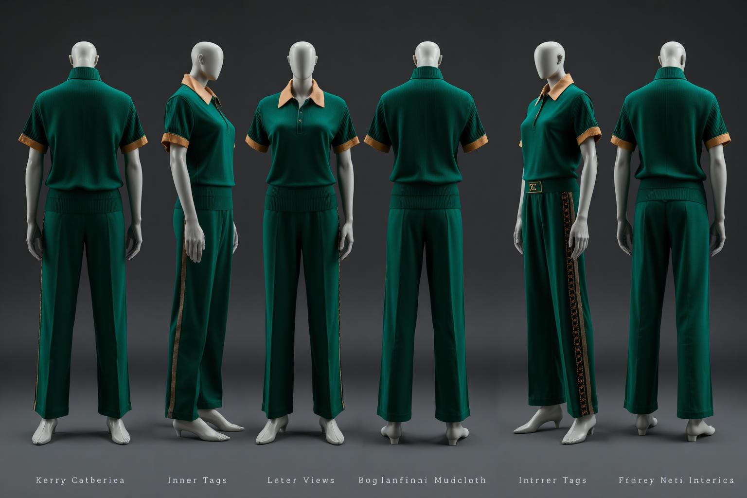 Emerald Heritage Track Set — Women — Women · Atelier Futur seven-view specification plate; showing 01 Front, 02 Left, 03 Right, 04 Back, 05 Interior, 06 Inner tags, 07 Fabric detail. — 01 Front, Emerald Deep