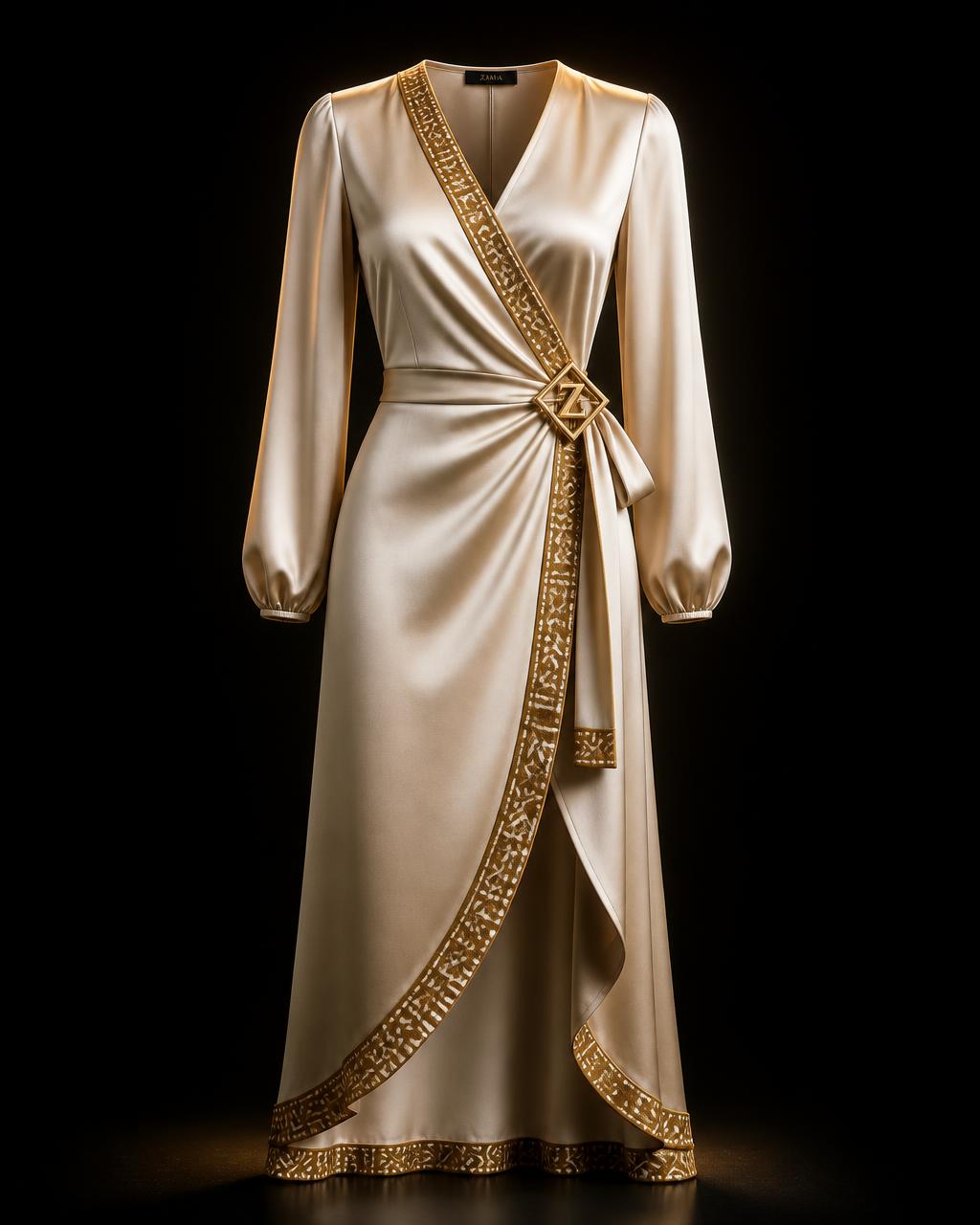 Champagne Wrap Dress — Women — Women · First Lady seven-view specification plate; showing 01 Front, 02 Left, 03 Right, 04 Back, 05 Interior, 06 Inner tags, 07 Fabric detail. — 01 Front, Champagne Or