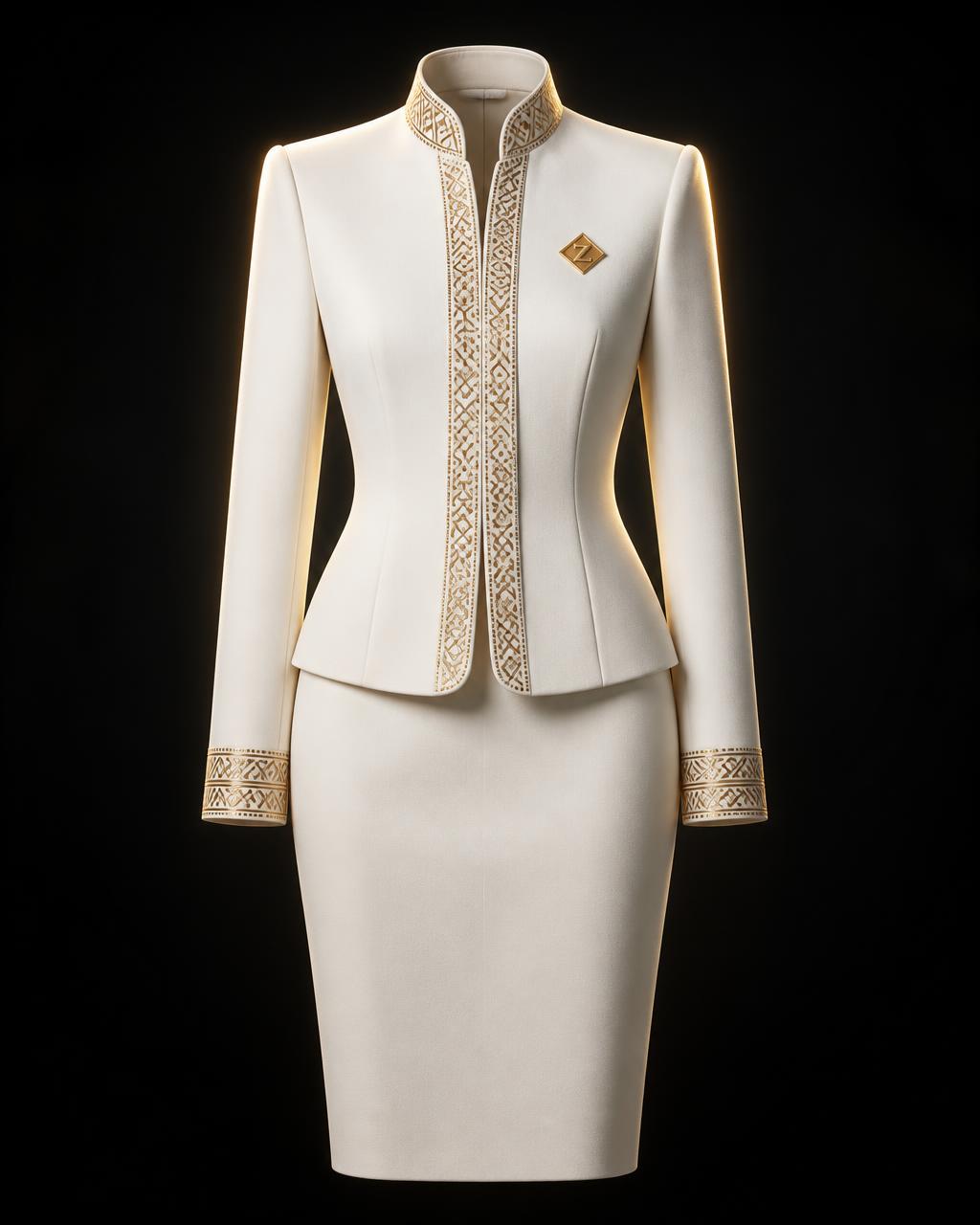 Ivory Crown Skirt Suit — Women — Women · First Lady seven-view specification plate; showing 01 Front, 02 Left, 03 Right, 04 Back, 05 Interior, 06 Inner tags, 07 Fabric detail. — 01 Front, Ivoire Or
