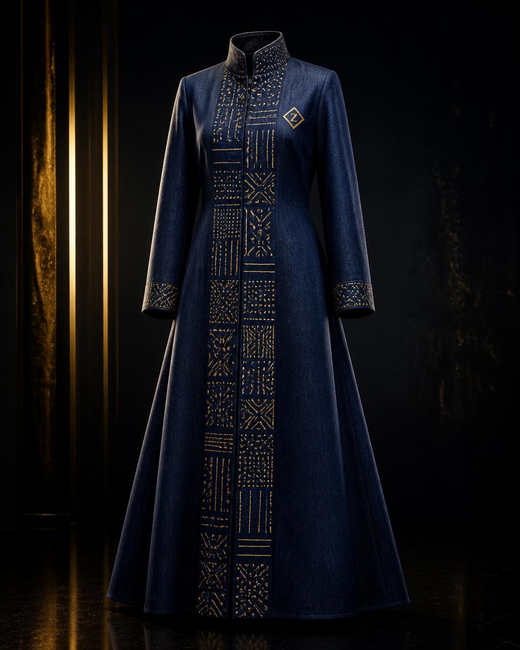 Bogolan Sovereign Coat Dress — Women — Women · First Lady seven-view specification plate; showing 01 Front, 02 Left, 03 Right, 04 Back, 05 Interior, 06 Inner tags, 07 Fabric detail. — 01 Front, Midnight Indigo