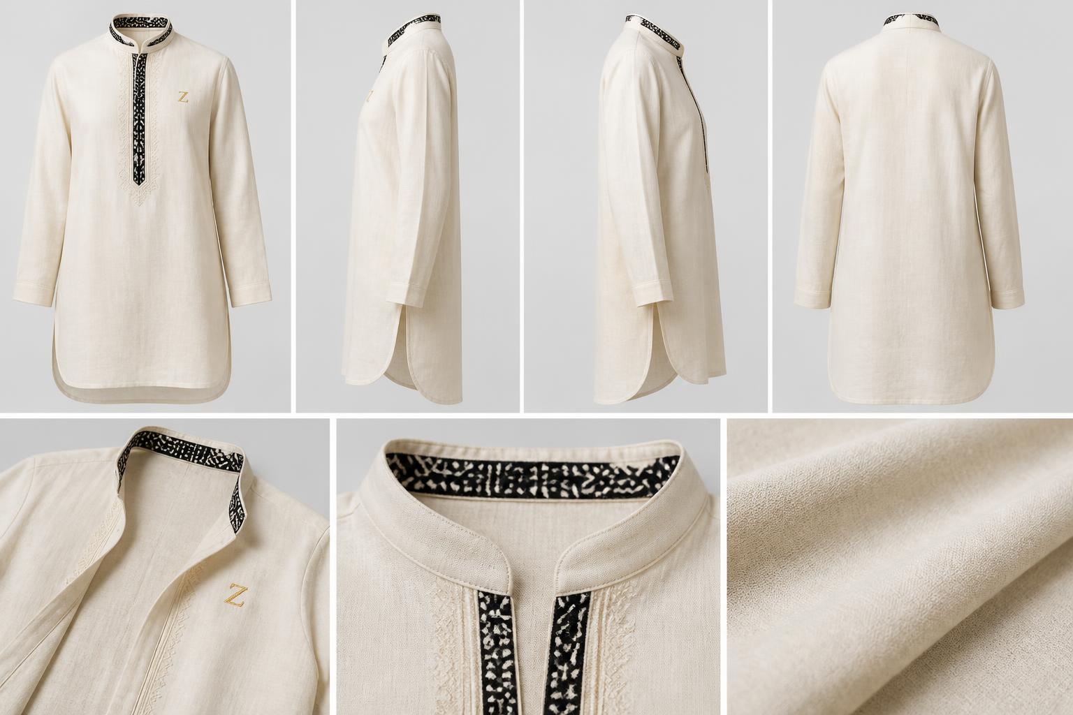 Bogolan mudcloth Collar Linen Tunic — Washed heavyweight linen with hand-woven Bogolan mudcloth inset and tonal embroidery