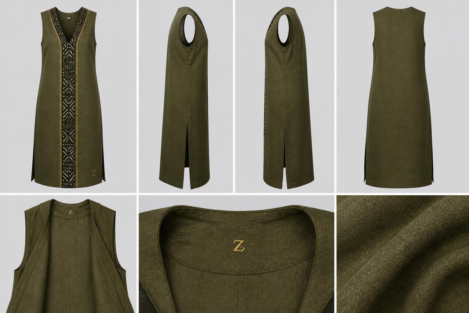 Bogolan mudcloth Column Linen Dress — Dry-finish linen with centre Bogolan mudcloth panel and gold thread embroidery