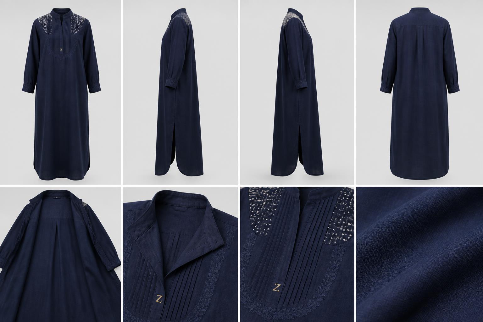 Bogolan mudcloth Yoke Shirt Dress — Women — Women · Linen Bogolan mudcloth Couture seven-view specification plate; showing 01 Front, 02 Left, 03 Right, 04 Back, 05 Interior, 06 Inner tags, 07 Fabric detail. — 01 Front, Midnight Navy