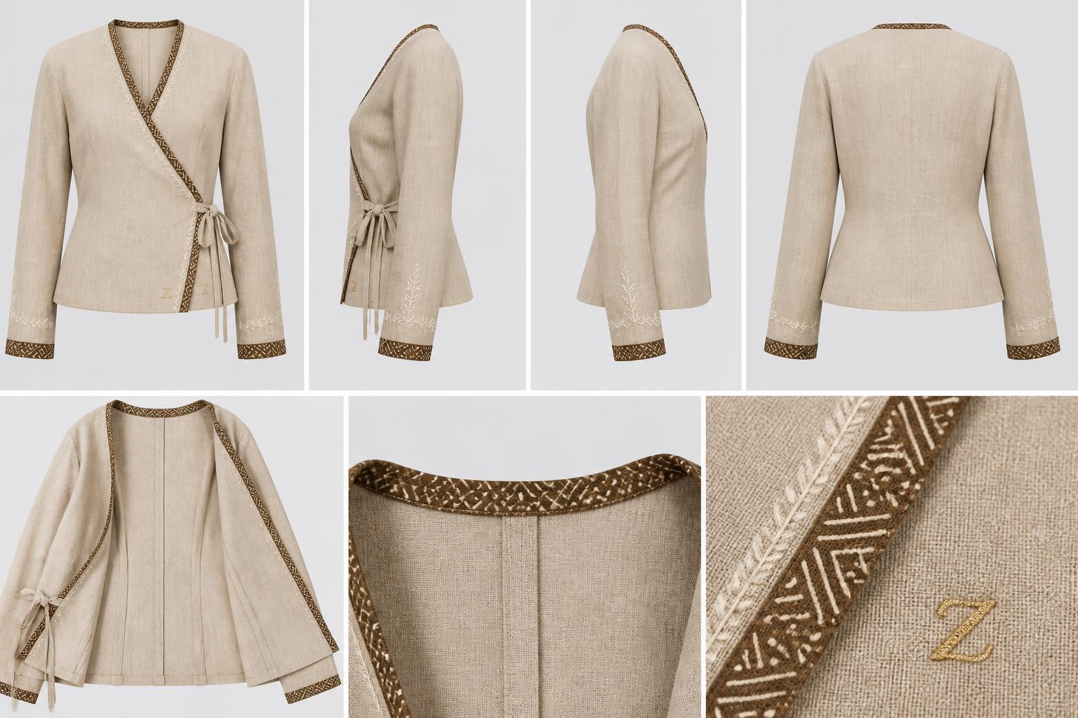 Bogolan mudcloth Bound Wrap Blouse — Women — Women · Linen Bogolan mudcloth Couture seven-view specification plate; showing 01 Front, 02 Left, 03 Right, 04 Back, 05 Interior, 06 Inner tags, 07 Fabric detail. — 01 Front, Desert Sand
