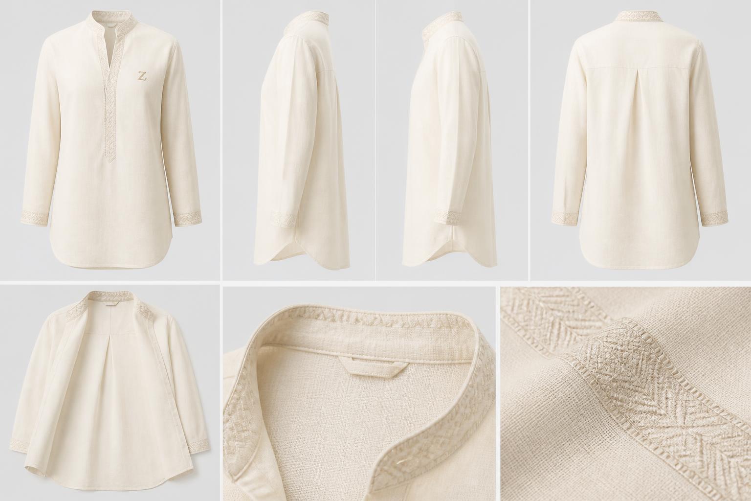 Linen Mandarin Embroidered Tunic — Washed heavyweight linen with hand-guided tonal embroidery