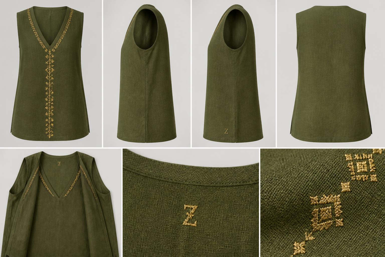 Linen Sleeveless Column Tunic — Women — Women · Linen & Thread seven-view specification plate; showing 01 Front, 02 Left, 03 Right, 04 Back, 05 Interior, 06 Inner tags, 07 Fabric detail. — 01 Front, Olive Vine