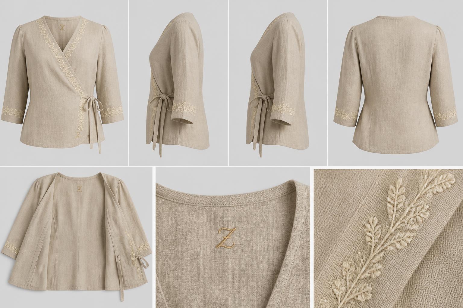 Linen Wrap Embroidered Blouse — Women — Women · Linen & Thread seven-view specification plate; showing 01 Front, 02 Left, 03 Right, 04 Back, 05 Interior, 06 Inner tags, 07 Fabric detail. — 01 Front, Desert Sand