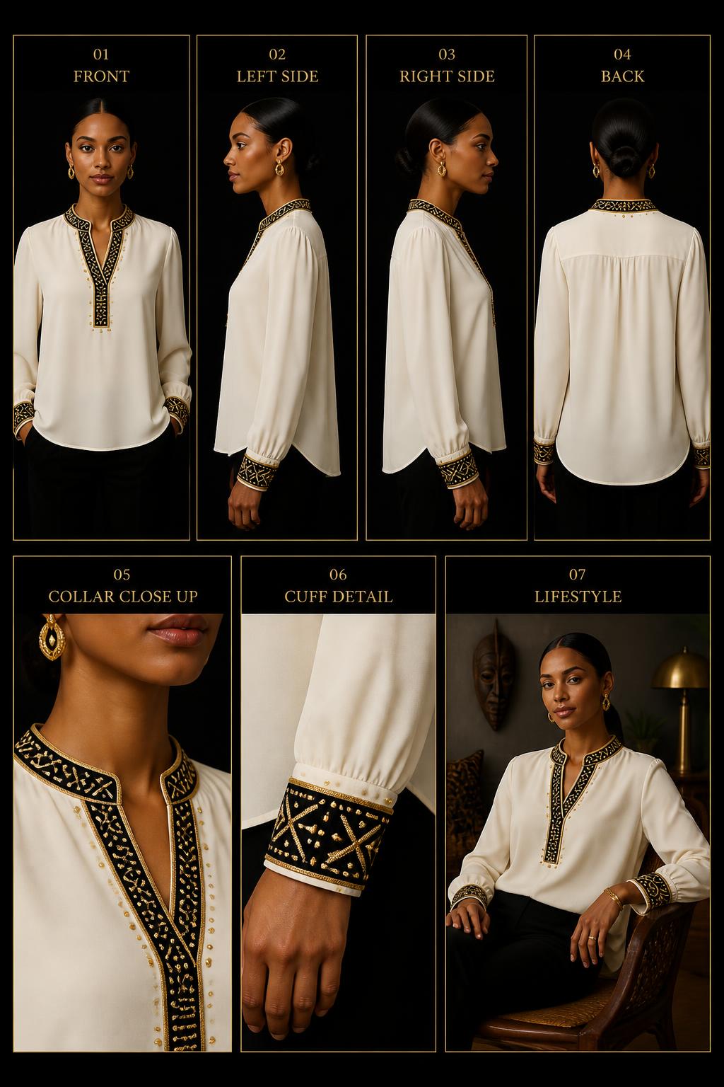Ivory Heritage Blouse — Women — Women · Z-Sanctuaire seven-view specification plate; showing 01 Front, 02 Left, 03 Right, 04 Back, 05 Interior, 06 Inner tags, 07 Fabric detail. — 01 Front, Ivory Light