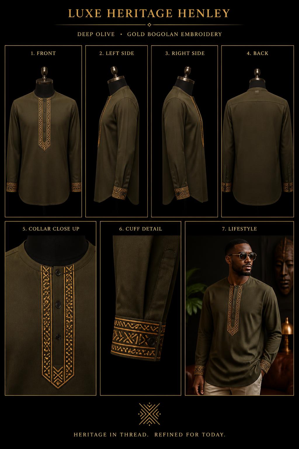Heritage Placket Shirt — Men — Men · Z-Sanctuaire seven-view specification plate; showing 01 Front, 02 Left, 03 Right, 04 Back, 05 Interior, 06 Inner tags, 07 Fabric detail. — 01 Front, Olive Vine