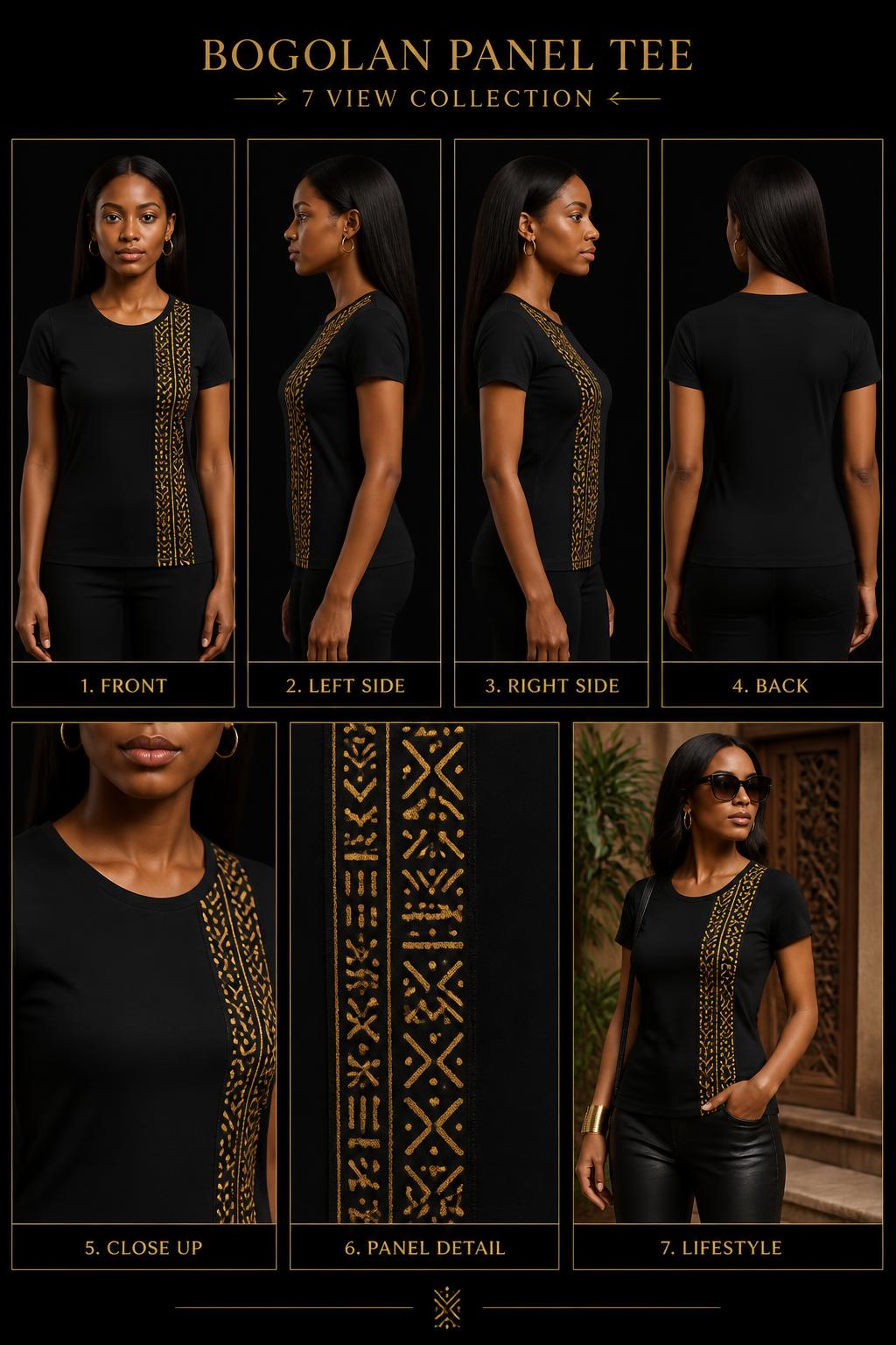Bogolan mudcloth Panel Tee — Women — Women · Z-Sanctuaire seven-view specification plate; showing 01 Front, 02 Left, 03 Right, 04 Back, 05 Interior, 06 Inner tags, 07 Fabric detail. — 01 Front, Obsidian
