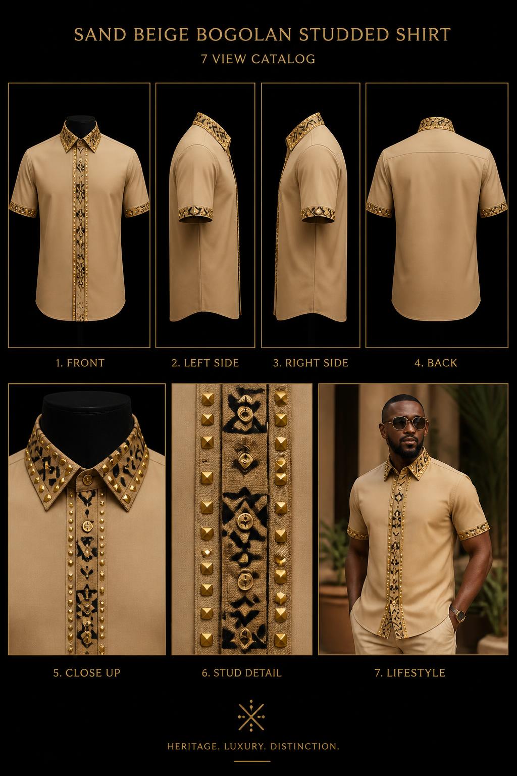 Studded Bogolan mudcloth Shirt — Men — Men · Z-Sanctuaire seven-view specification plate; showing 01 Front, 02 Left, 03 Right, 04 Back, 05 Interior, 06 Inner tags, 07 Fabric detail. — 01 Front, Desert Sand