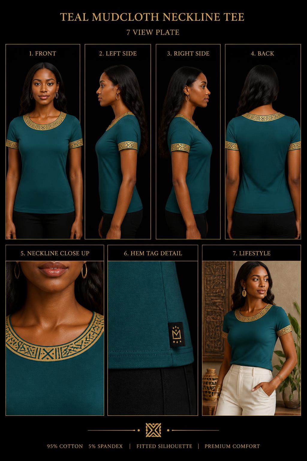 Teal Neckline Tee — Women — Women · Z-Sanctuaire seven-view specification plate; showing 01 Front, 02 Left, 03 Right, 04 Back, 05 Interior, 06 Inner tags, 07 Fabric detail. — 01 Front, Teal Horizon