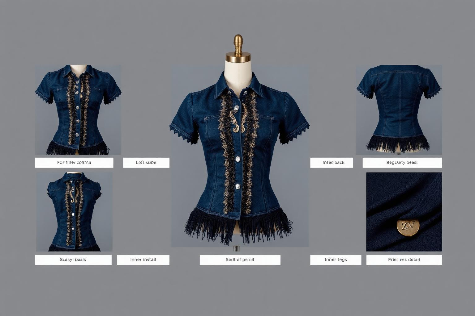 Crystal Bogolan mudcloth Corset Shirt — Women — Women · Z-Denim seven-view specification plate; showing 01 Front, 02 Left, 03 Right, 04 Back, 05 Interior, 06 Inner tags, 07 Fabric detail. — 01 Front, Deep Indigo