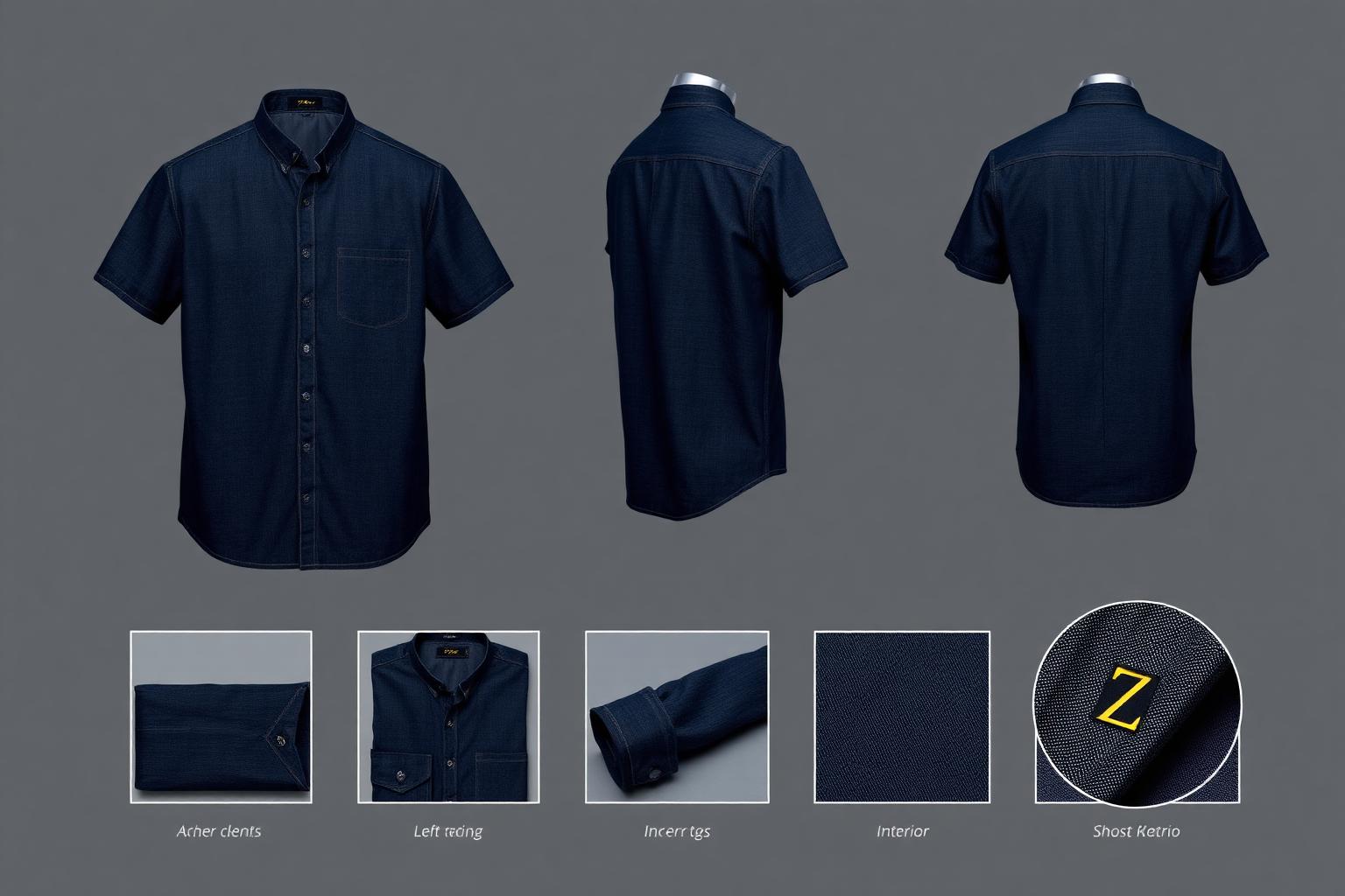 Curved Hem Denim Shirt — Men — Men · Z-Denim seven-view specification plate; showing 01 Front, 02 Left, 03 Right, 04 Back, 05 Interior, 06 Inner tags, 07 Fabric detail. — 01 Front, Midnight Navy
