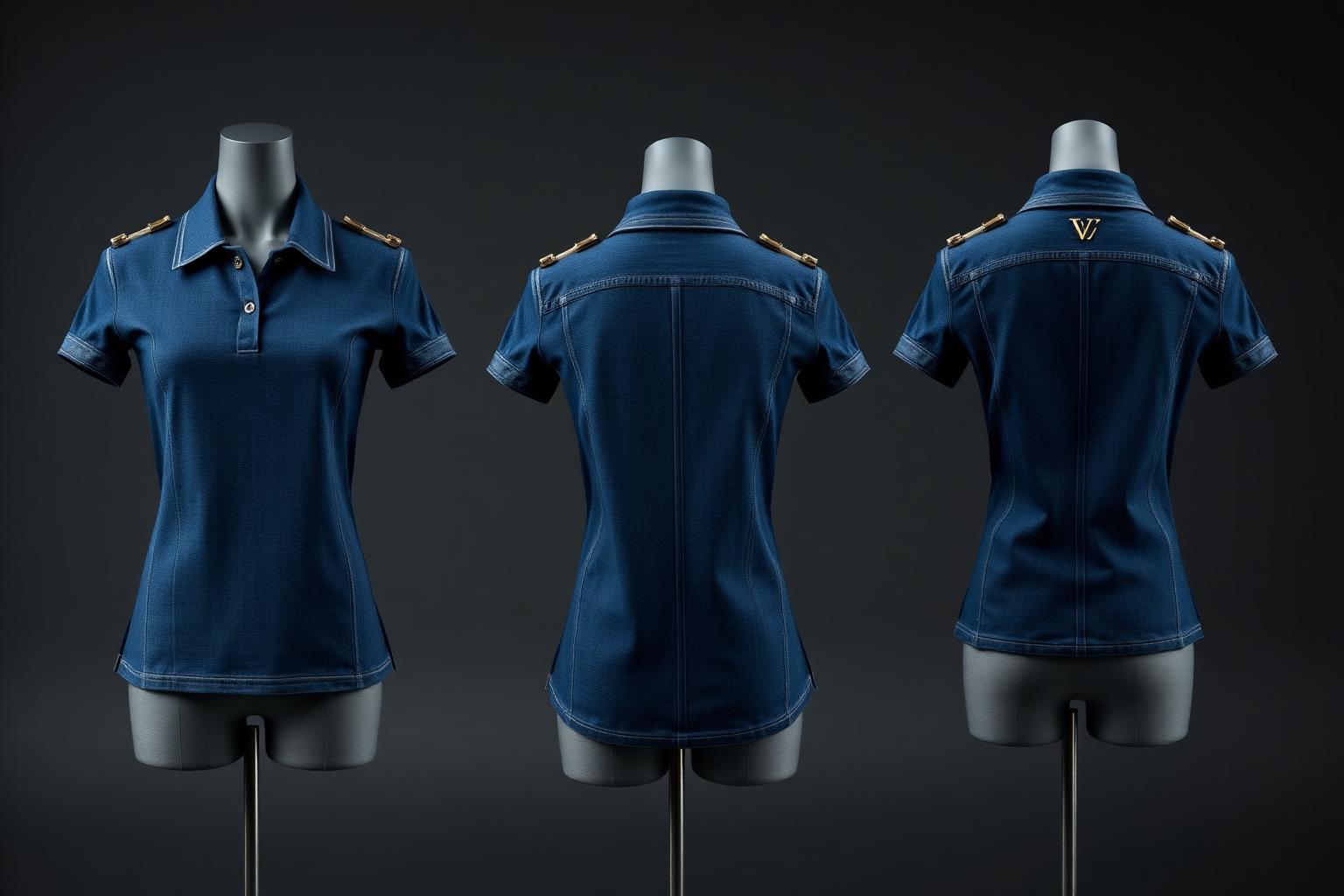Dip-Dye Studded Denim Polo — Women — Women · Atelier Futur seven-view specification plate; showing 01 Front, 02 Left, 03 Right, 04 Back, 05 Interior, 06 Inner tags, 07 Fabric detail. — 01 Front, Indigo Fade
