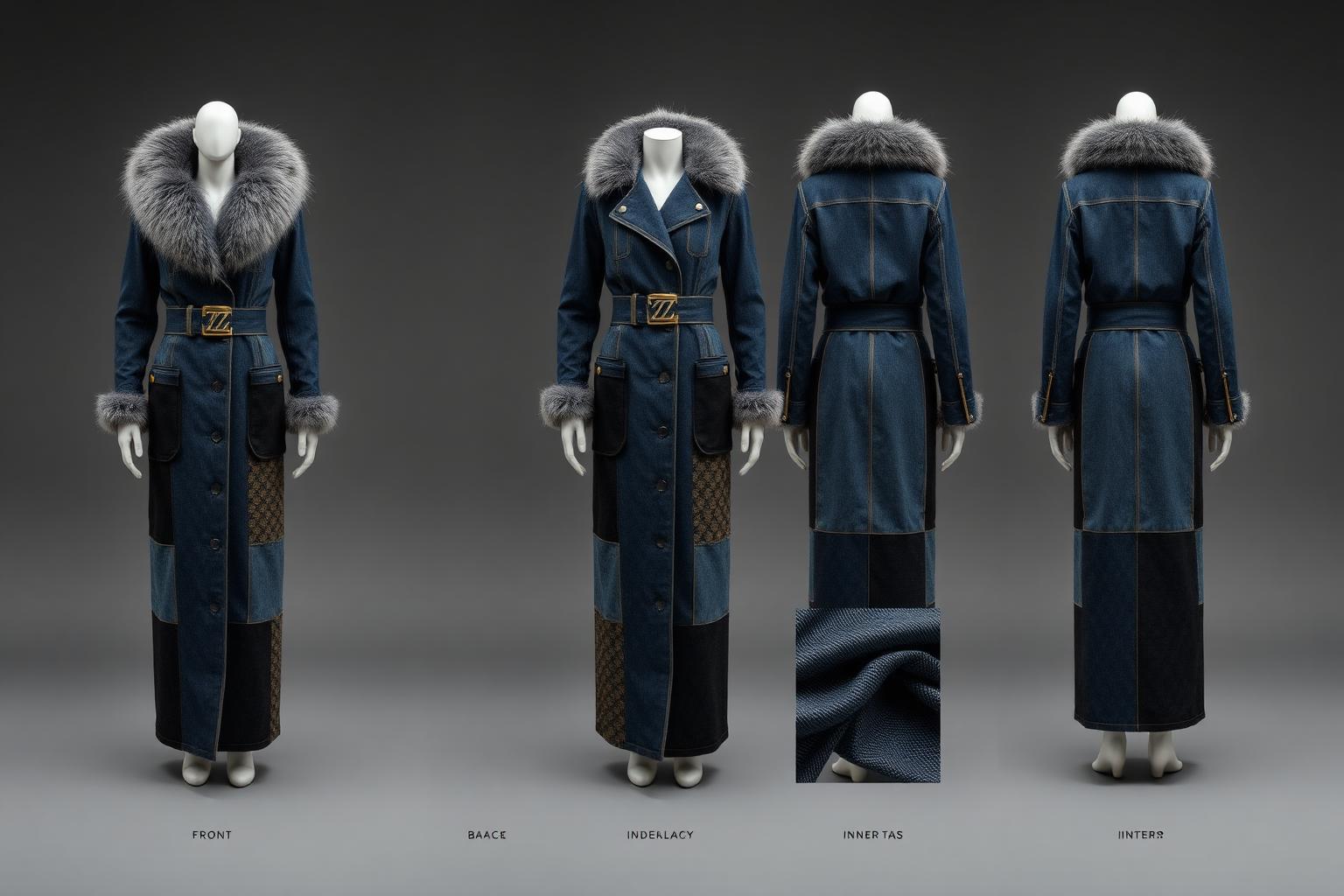 Patchwork Fur-Collar Trench — Women — Women · Atelier Futur seven-view specification plate; showing 01 Front, 02 Left, 03 Right, 04 Back, 05 Interior, 06 Inner tags, 07 Fabric detail. — 01 Front, Deep Indigo