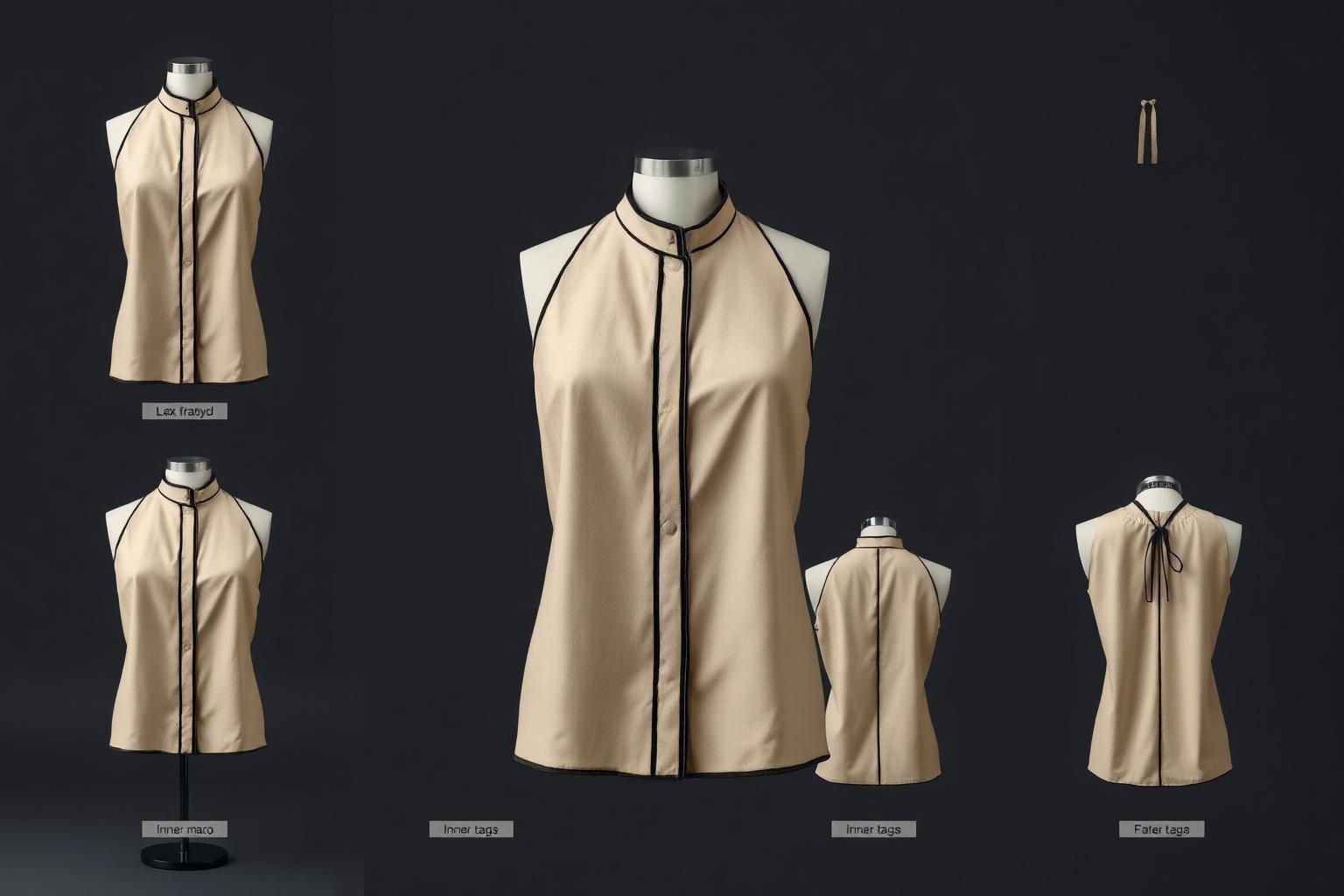 Halter Piping Linen Blouse — Women — Women · Atelier Futur seven-view specification plate; showing 01 Front, 02 Left, 03 Right, 04 Back, 05 Interior, 06 Inner tags, 07 Fabric detail. — 01 Front, Sand Beige