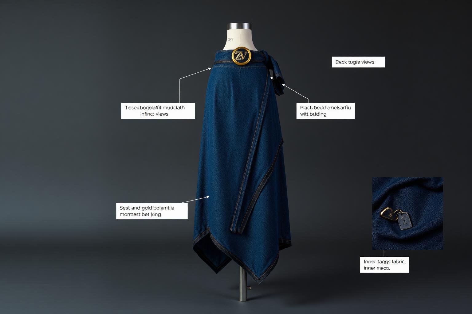 Handkerchief Hem Denim Skirt — Women — Women · Atelier Futur seven-view specification plate; showing 01 Front, 02 Left, 03 Right, 04 Back, 05 Interior, 06 Inner tags, 07 Fabric detail. — 01 Front, Deep Indigo