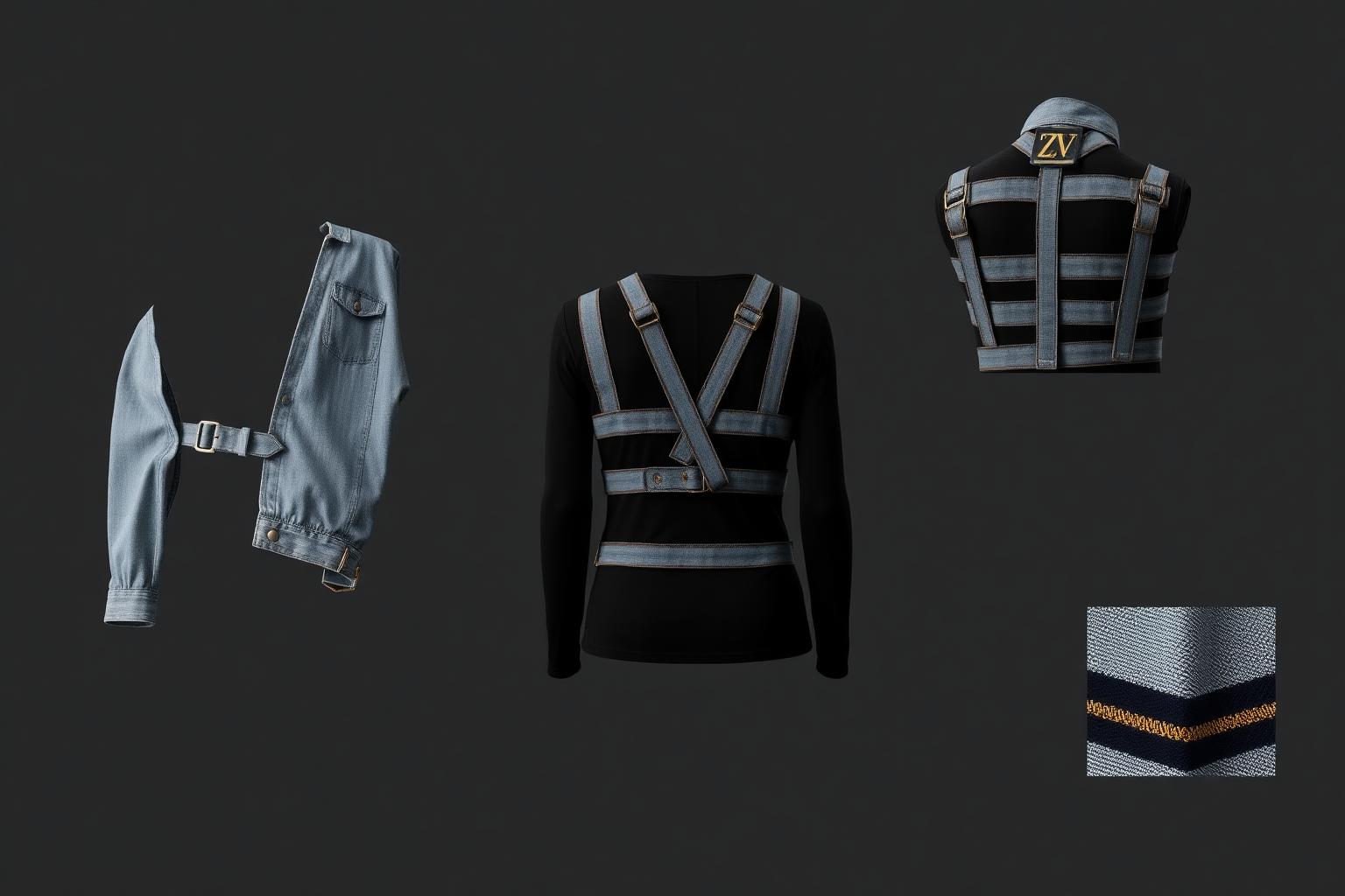 Asymmetric Harness Jacket — Acid-wash denim straps on stretch jersey