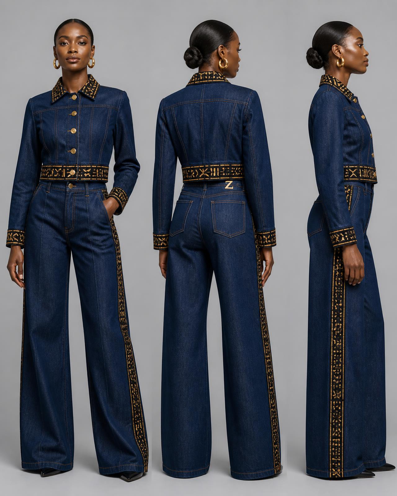 Indigo Column Denim Set — Women · Z-Denim Bogolan mudcloth related style