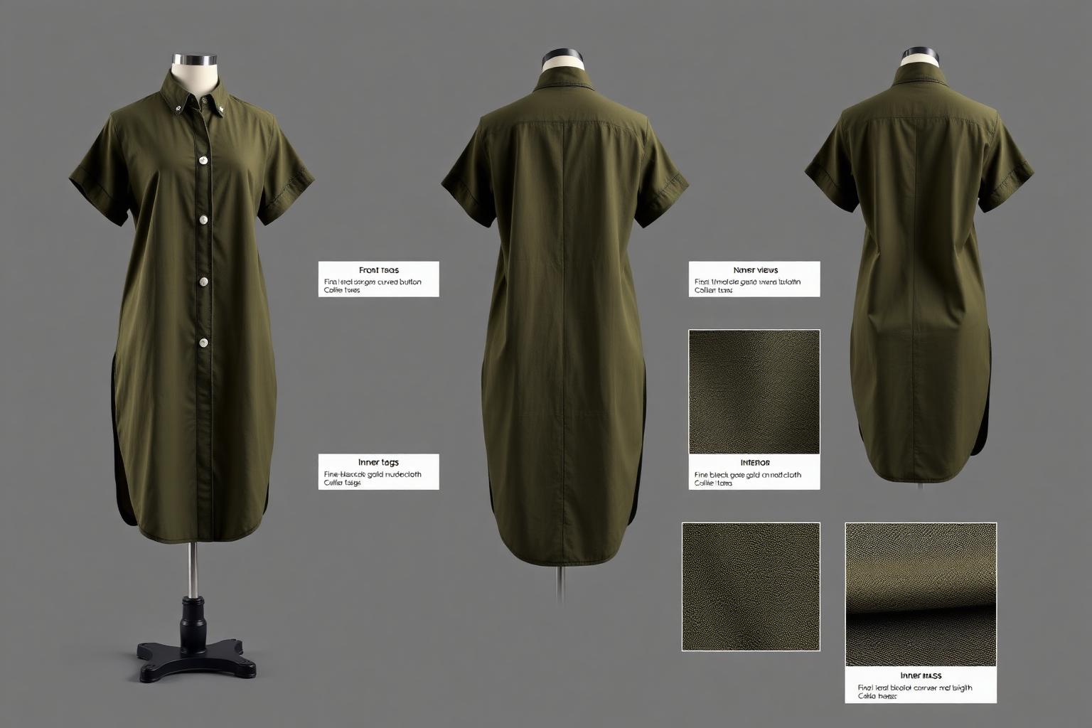 Olive Curve Linen Tunic Shirt — Women — Women · Atelier Futur seven-view specification plate; showing 01 Front, 02 Left, 03 Right, 04 Back, 05 Interior, 06 Inner tags, 07 Fabric detail. — 01 Front, Olive Vine