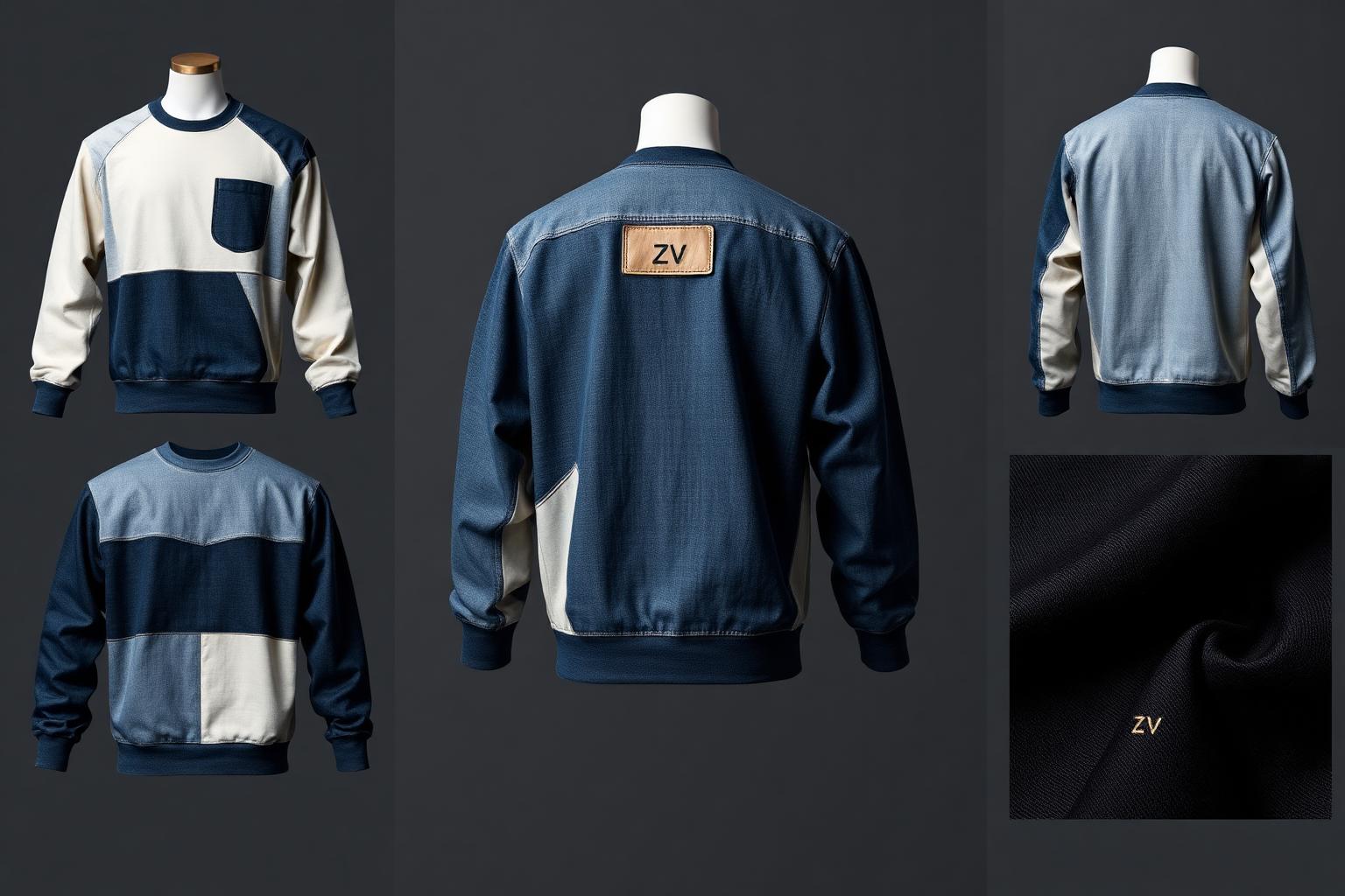 Panel Block Denim Sweatshirt — Men — Men · Z-Denim seven-view specification plate; showing 01 Front, 02 Left, 03 Right, 04 Back, 05 Interior, 06 Inner tags, 07 Fabric detail. — 01 Front, Indigo Block