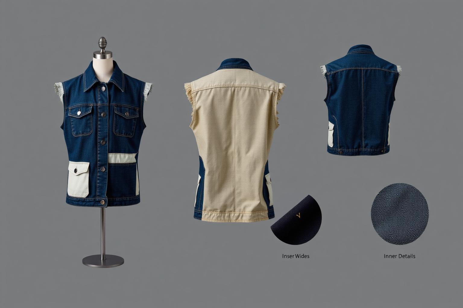 Patchwork Heritage Vest — Women — Women · Z-Denim seven-view specification plate; showing 01 Front, 02 Left, 03 Right, 04 Back, 05 Interior, 06 Inner tags, 07 Fabric detail. — 01 Front, Indigo Patch