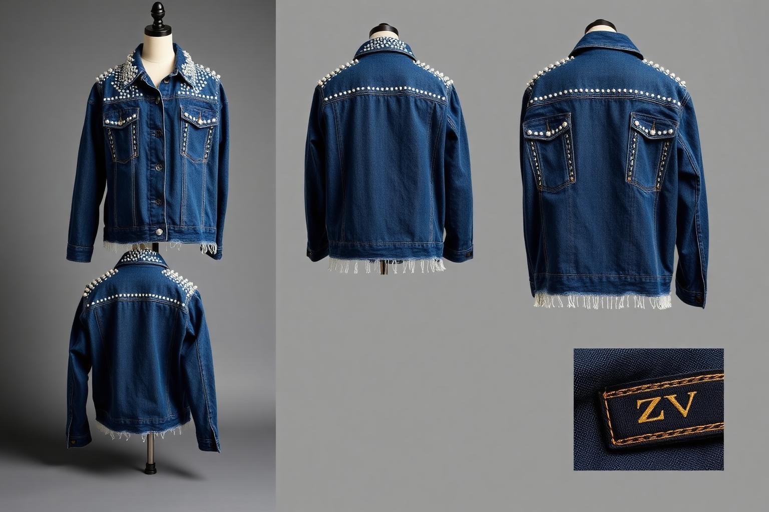 Pearl Studded Shacket — Women — Women · Z-Denim seven-view specification plate; showing 01 Front, 02 Left, 03 Right, 04 Back, 05 Interior, 06 Inner tags, 07 Fabric detail. — 01 Front, Stone Wash