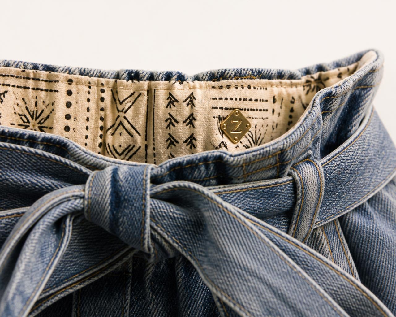 Softstone Paperbag Straight — Women, 07 Fabric detail (view 7 of 7). Fabric detail: close study of the cloth, hand-printed mudcloth motif and stitching.