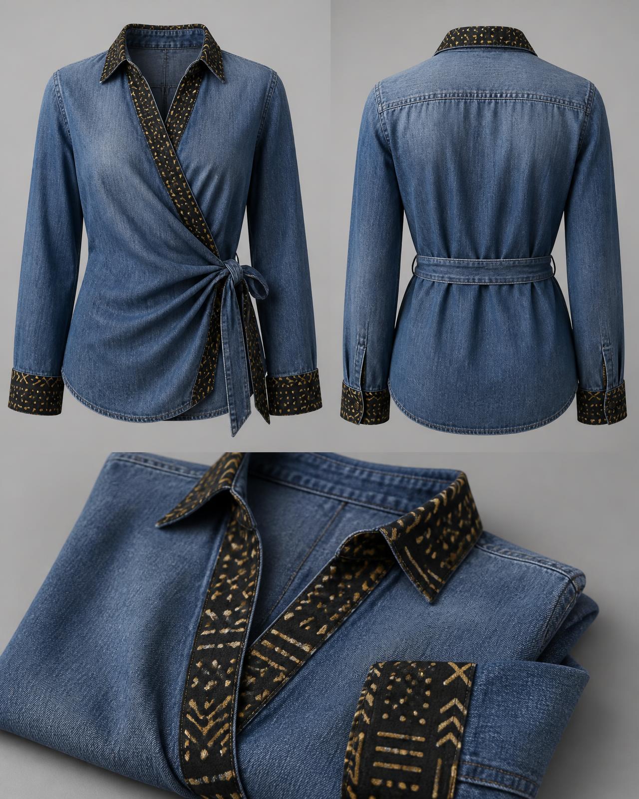 Wrap Denim Shirt — Women — Women · Z-Denim seven-view specification plate; showing 01 Front, 02 Left, 03 Right, 04 Back, 05 Interior, 06 Inner tags, 07 Fabric detail. — 01 Front, Stone Wash