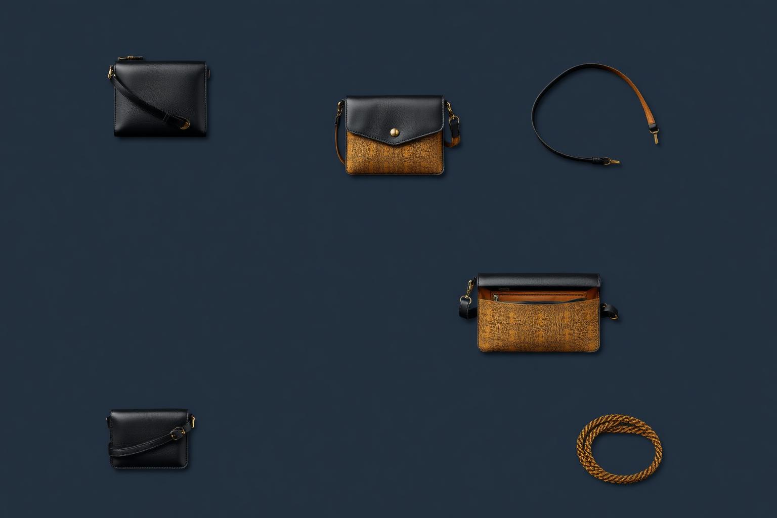 Bogolan Crossbody Wallet & Belt Bag — Women — House · Fit Dance seven-view specification plate; showing 01 Front, 02 Left, 03 Right, 04 Back, 05 Interior, 06 Inner tags, 07 Fabric detail. — 01 Front, Noir Or