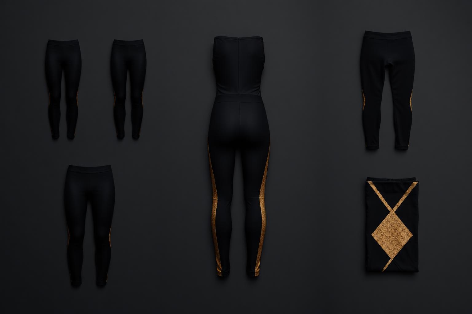 Noir Or Bogolan Sculpt Legging — Women — House · Fit Dance seven-view specification plate; showing 01 Front, 02 Left, 03 Right, 04 Back, 05 Interior, 06 Inner tags, 07 Fabric detail. — 01 Front, Noir Or