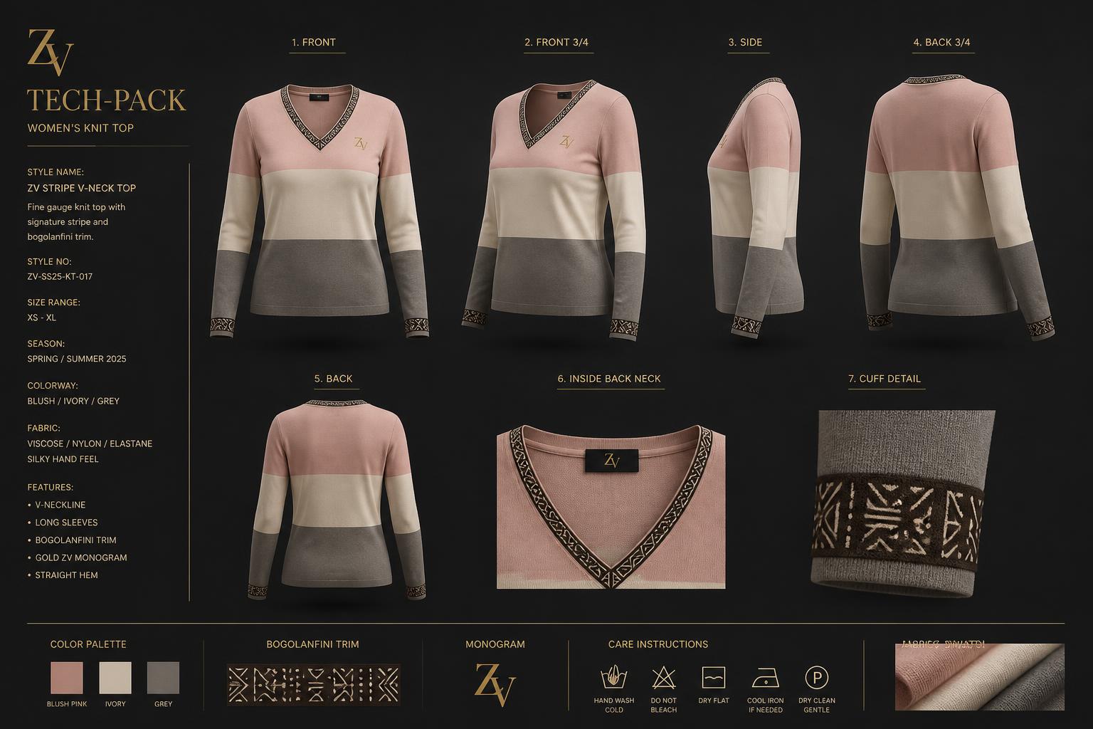 Banded V-Neck Signature Knit — Women — House · Heritage Futur seven-view specification plate; showing 01 Front, 02 Left, 03 Right, 04 Back, 05 Interior, 06 Inner tags, 07 Fabric detail. — 01 Front, Blush Trio