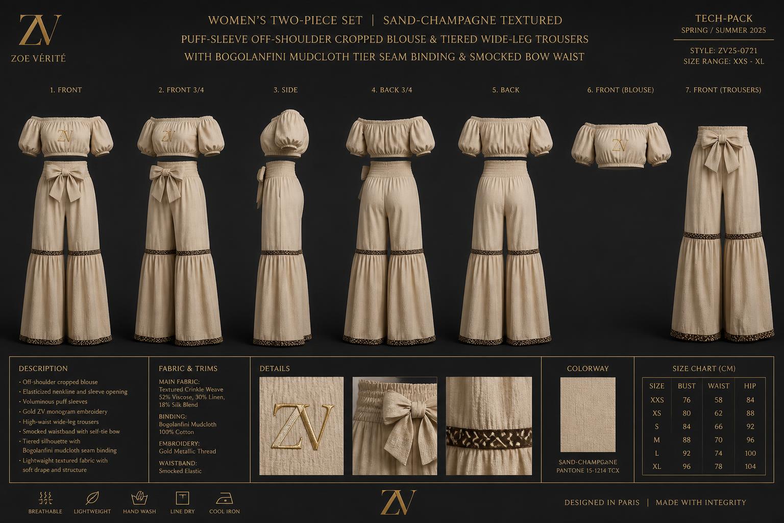 Champagne Tier Two-Piece — Women — House · Atelier Nouveau seven-view specification plate; showing 01 Front, 02 Left, 03 Right, 04 Back, 05 Interior, 06 Inner tags, 07 Fabric detail. — 01 Front, Sand Champagne
