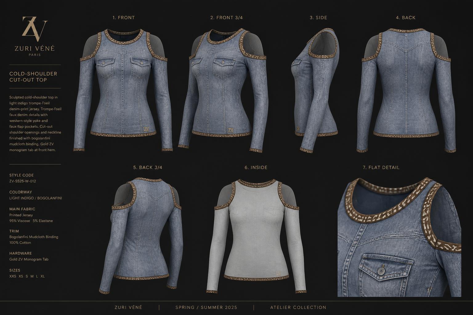 Cold-Shoulder Trompe Top — Women — House · Atelier Nouveau seven-view specification plate; showing 01 Front, 02 Left, 03 Right, 04 Back, 05 Interior, 06 Inner tags, 07 Fabric detail. — 01 Front, Light Indigo
