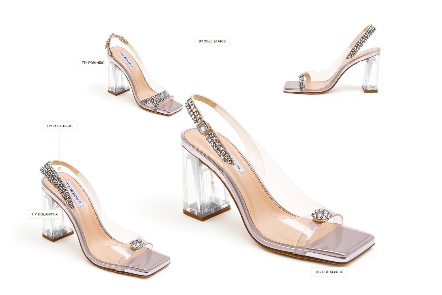 Crystal Clear Heritage Heel — Women — House · Street Futur seven-view specification plate; showing 01 Front, 02 Left, 03 Right, 04 Back, 05 Interior, 06 Inner tags, 07 Fabric detail. — 01 Front, Silver Crystal