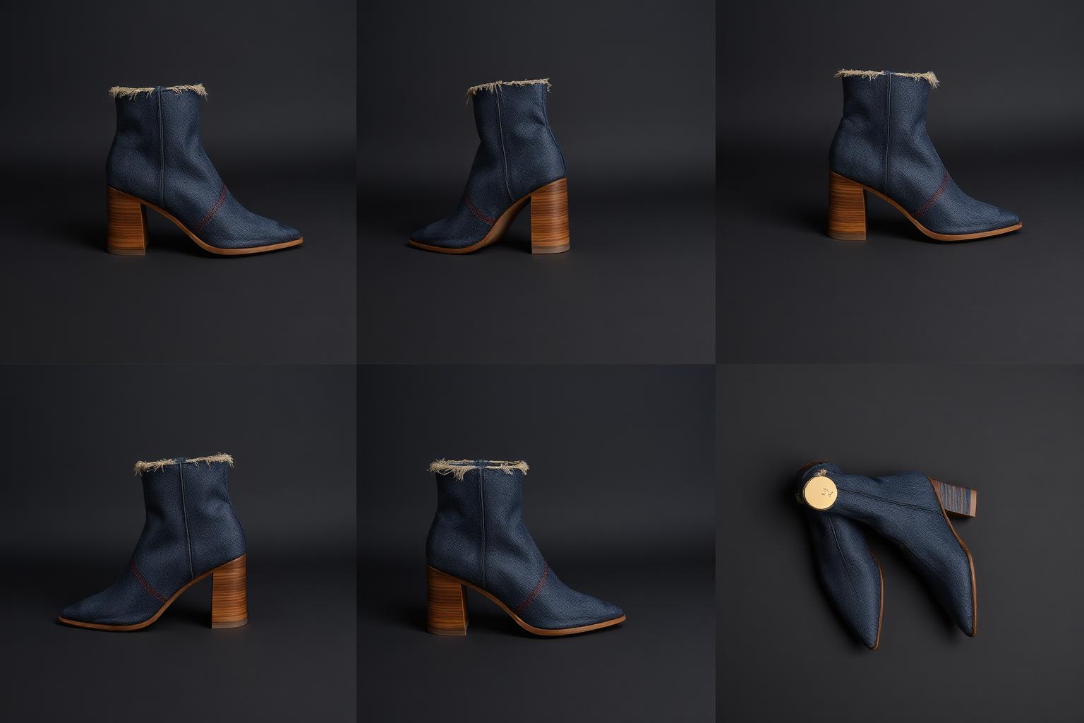 Frayed Denim Heritage Boot — Women — House · Frontier Futur seven-view specification plate; showing 01 Front, 02 Left, 03 Right, 04 Back, 05 Interior, 06 Inner tags, 07 Fabric detail. — 01 Front, Pale Indigo