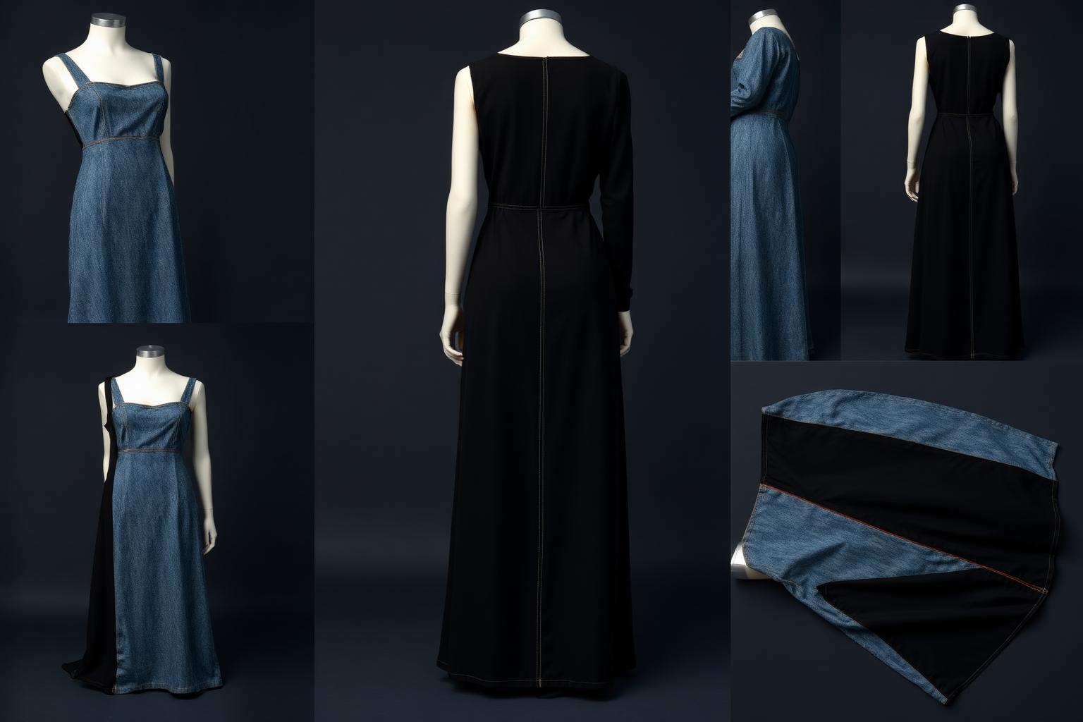Denim Noir Column Maxi Dress — Women — House · Denim Futur seven-view specification plate; showing 01 Front, 02 Left, 03 Right, 04 Back, 05 Interior, 06 Inner tags, 07 Fabric detail. — 01 Front, Indigo Noir