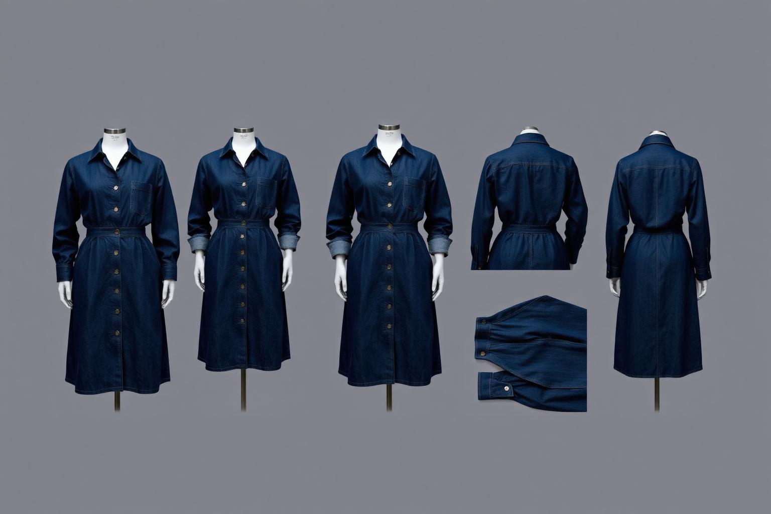 Indigo Sculpt Denim Shirtdress — Women — House · Denim Futur seven-view specification plate; showing 01 Front, 02 Left, 03 Right, 04 Back, 05 Interior, 06 Inner tags, 07 Fabric detail. — 01 Front, Rinse Indigo