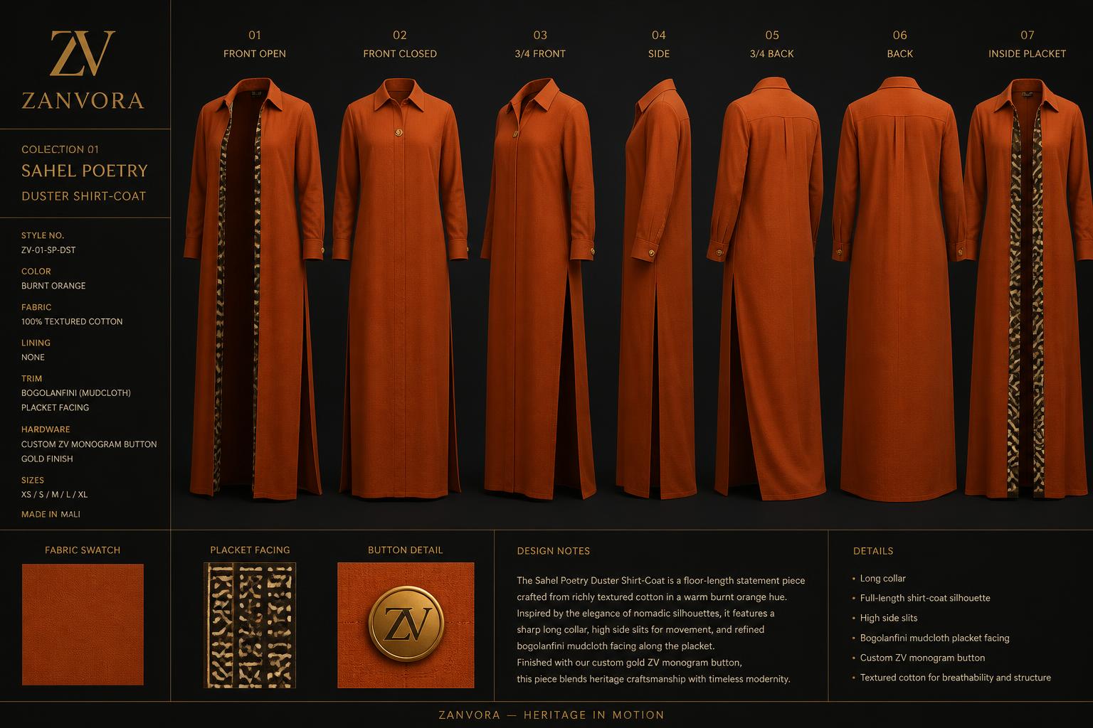 Sahel Poetry Ember Duster — Women — House · Heritage Futur seven-view specification plate; showing 01 Front, 02 Left, 03 Right, 04 Back, 05 Interior, 06 Inner tags, 07 Fabric detail. — 01 Front, Burnt Ember