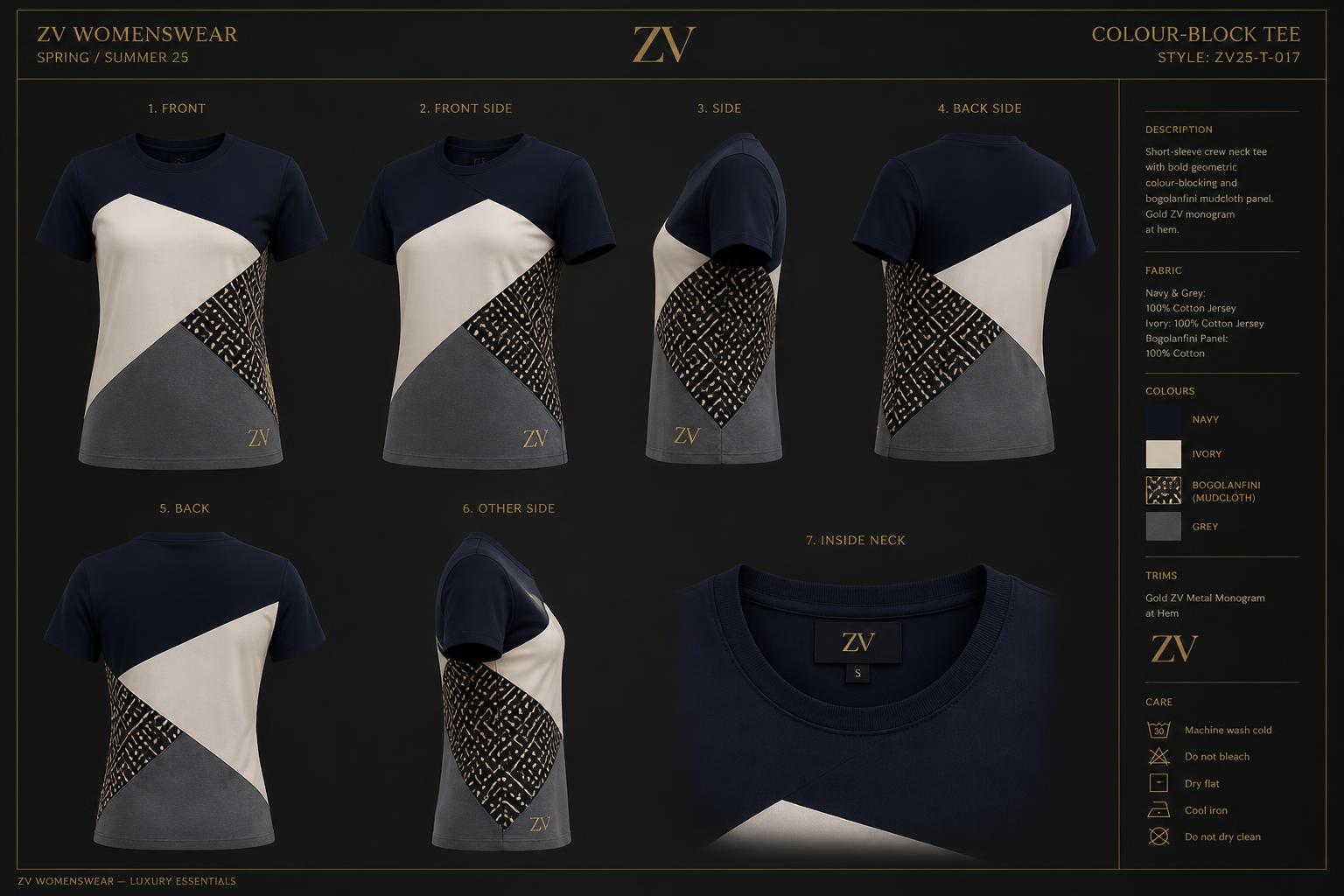 Geometric Block Heritage Tee — Women — House · Heritage Futur seven-view specification plate; showing 01 Front, 02 Left, 03 Right, 04 Back, 05 Interior, 06 Inner tags, 07 Fabric detail. — 01 Front, Navy Block