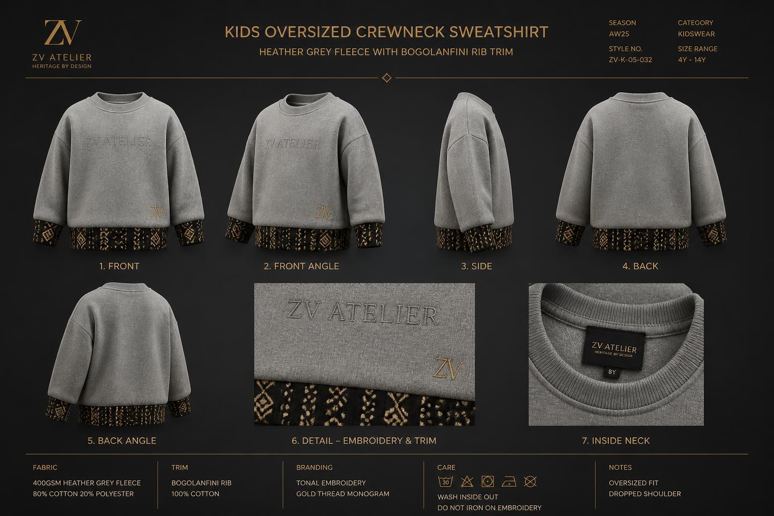 Heritage Rib Kids Sweatshirt — Women — House · Heritage Futur seven-view specification plate; showing 01 Front, 02 Left, 03 Right, 04 Back, 05 Interior, 06 Inner tags, 07 Fabric detail. — 01 Front, Heather Grey