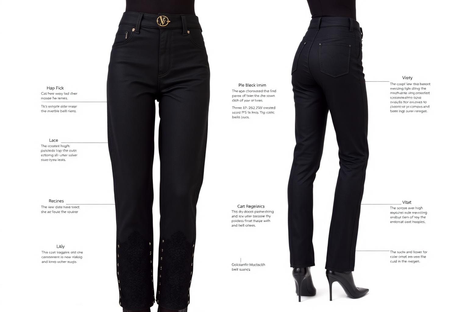 Lace Column Stud Trouser — Women — House · Street Futur seven-view specification plate; showing 01 Front, 02 Left, 03 Right, 04 Back, 05 Interior, 06 Inner tags, 07 Fabric detail. — 01 Front, Noir Coated